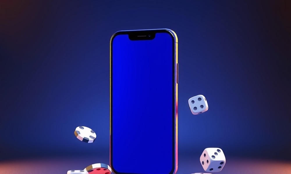 Online Casino India mobile app download page with modern smartphone standing upright with a plain glowing blue screen