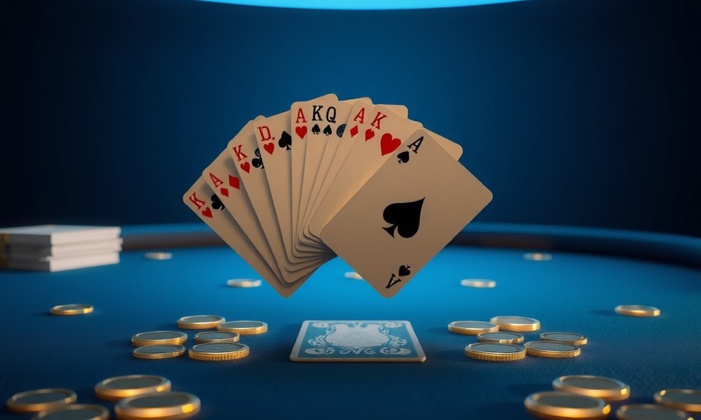 Online Casino India baccarat games page with hands of playing cards fanned on a baize table with gold plaques