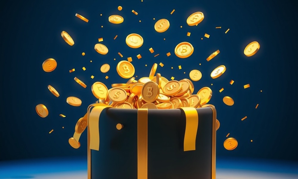 Online Casino India casino bonuses page with open gift box bursting with gold coins and confetti