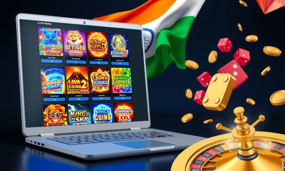 Online Casino India homepage artwork: a laptop showing the game lobby beside the Indian flag, a roulette wheel, gold coins and dice