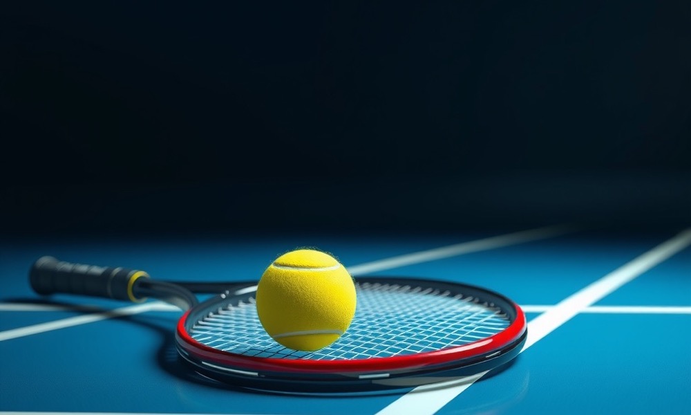 Online Casino India tennis betting page with tennis racket and bright tennis ball on a court line