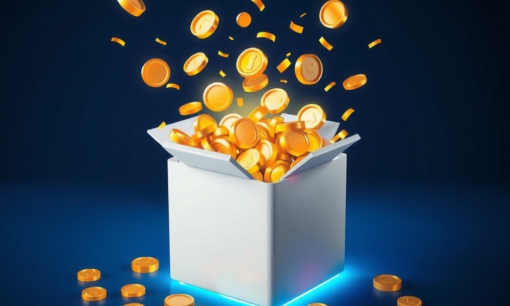 Online Casino India welcome bonuses page with open gift box bursting with gold coins and confetti
